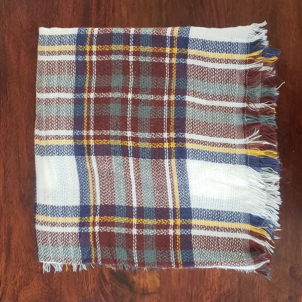 Oversized Plaid Blanket Scarf Square Fringe Cream Brown Green Blue 58x58 Wrap - Picture 3 of 10